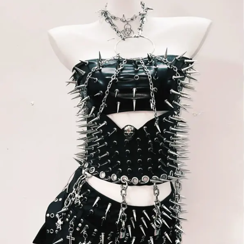 Unleash Your Inner Rebel: Ultimate Spiked Faux Leather Goth Punk Halter Top & Skirt Set – Halloween & Rave Ready