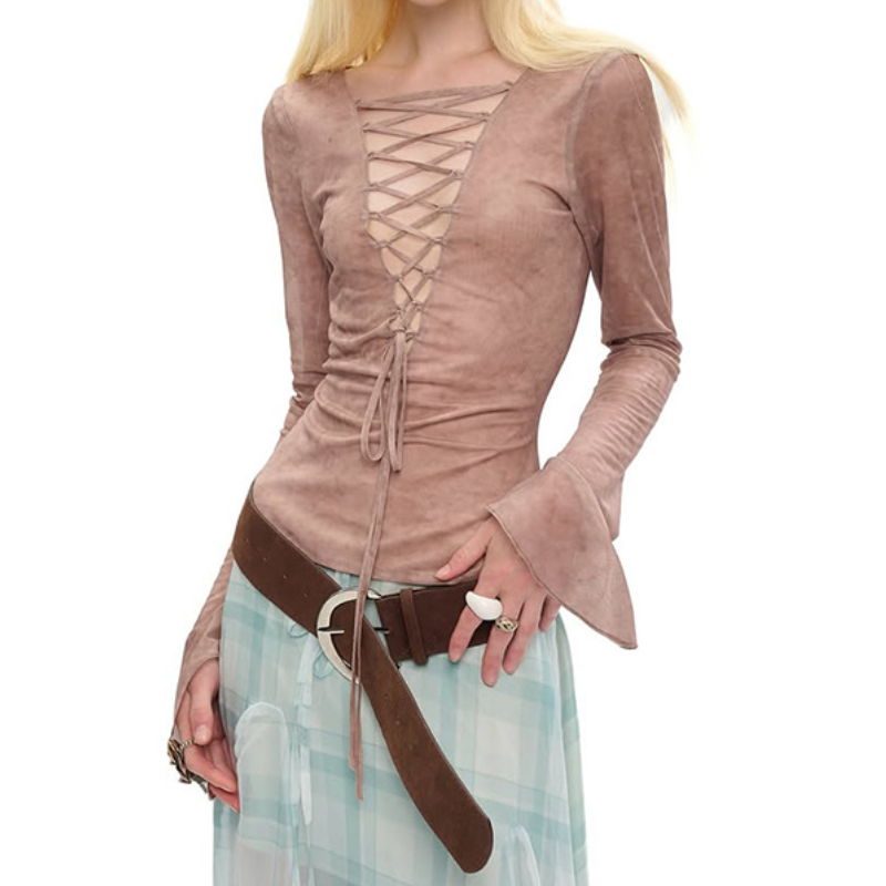 Spiced Rust Sheer Lace-Up Mesh Top - Fall V-Neck Bell Sleeve Blouse