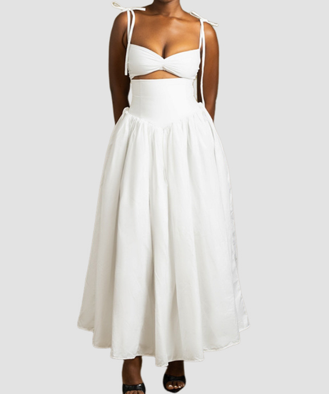 Chic White Two-Piece Maxi Set: Tie-Strap Crop Top & High-Waist Voluminous Skirt | Resort & Holiday Ready