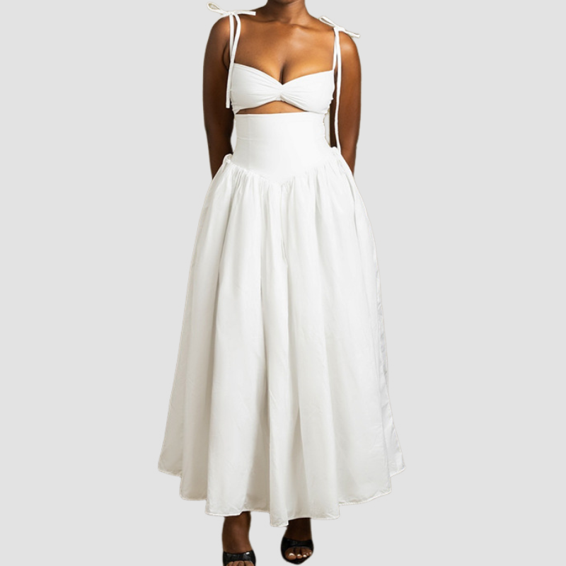 Chic White Two-Piece Maxi Set: Tie-Strap Crop Top & High-Waist Voluminous Skirt | Resort & Holiday Ready