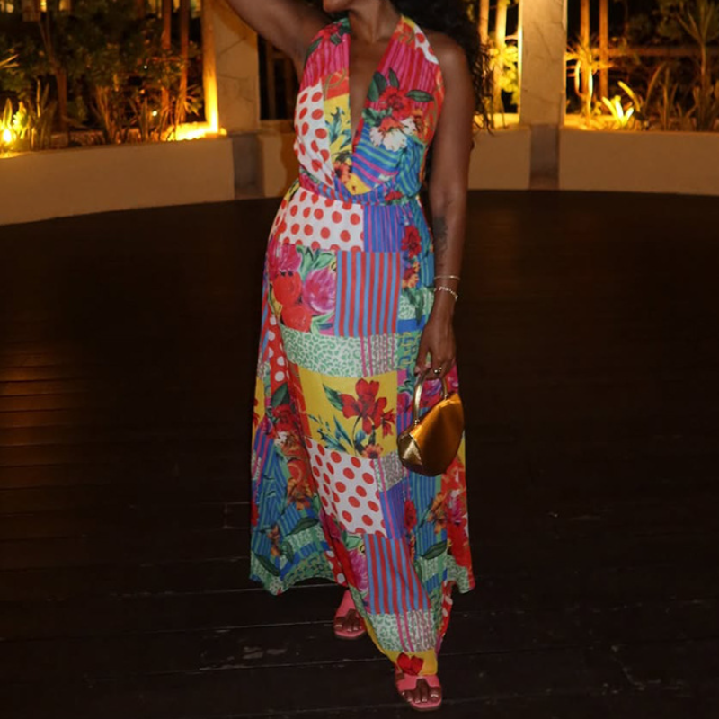 Vibrant Patchwork Halter Maxi Dress - Your Chic Fall Getaway Essential