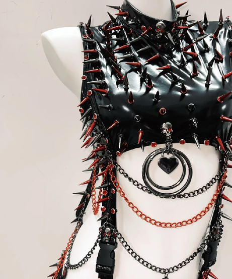 Unleash Your Dark Side: Red & Black Spiked Gothic Bodysuit | Halloween, Rave, & Clubwear Statement
