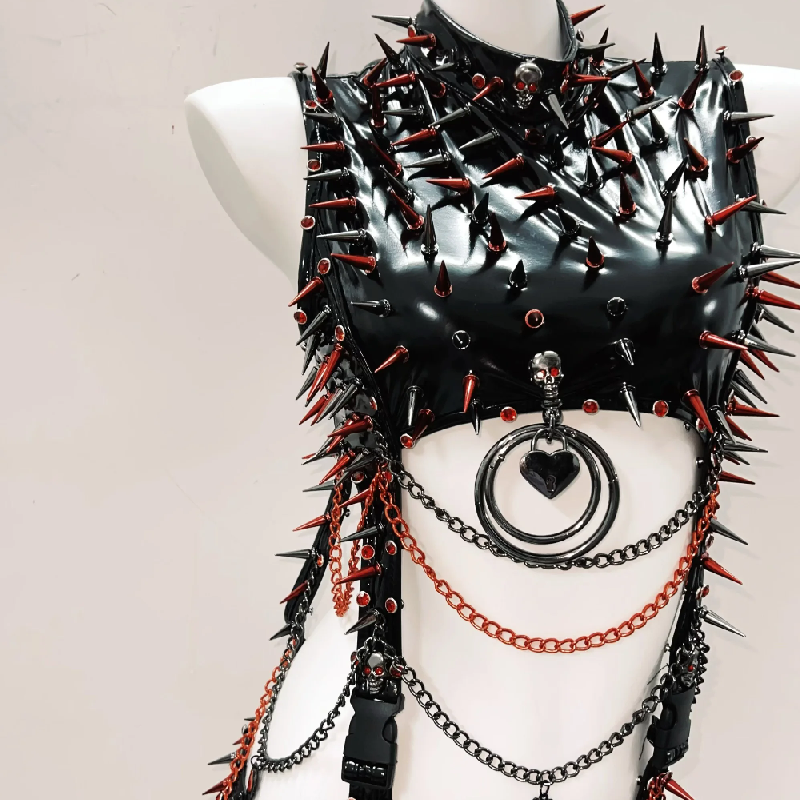 Unleash Your Dark Side: Red & Black Spiked Gothic Bodysuit | Halloween, Rave, & Clubwear Statement