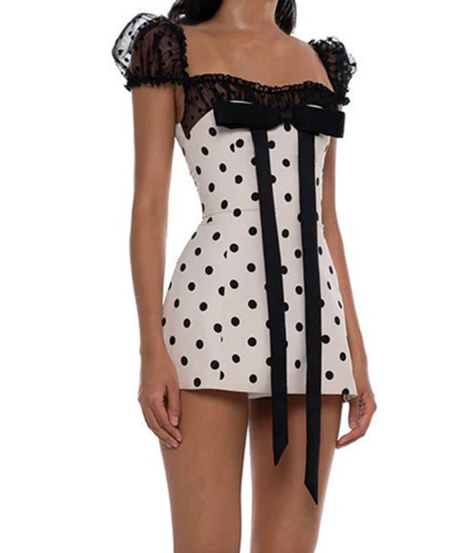 Coquette Chic Polka Dot Mini Dress: Bow Accent, Puff Sleeves & Ruffle Trim – Fall Party Perfect