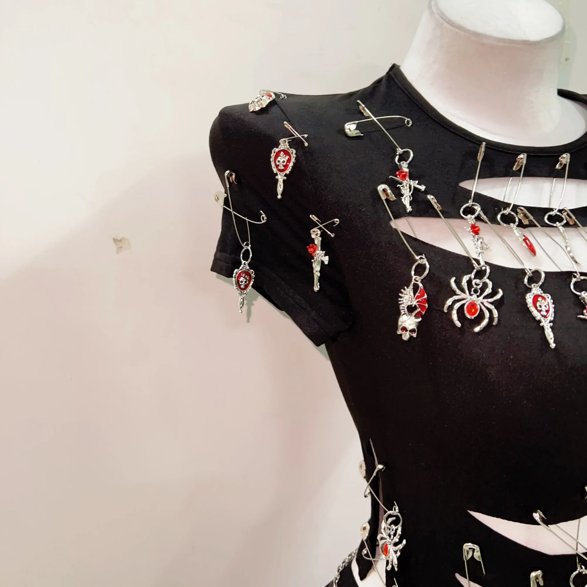 Gothic Punk Safety Pin Cut-Out Top | Edgy Charm Tee for Halloween & Fall