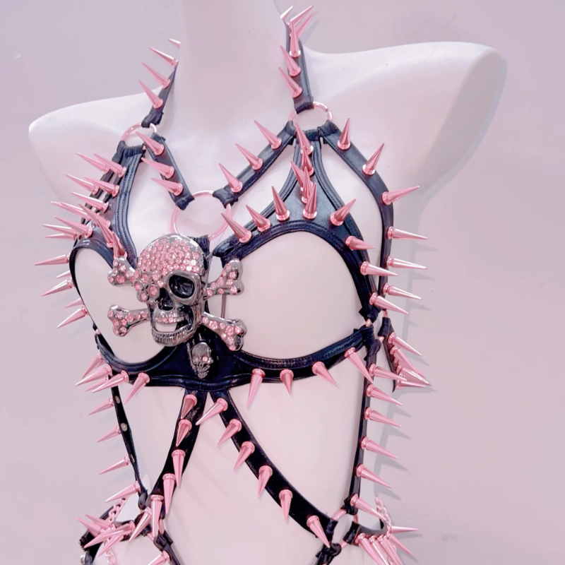 Pink & Black Spiked Skull Harness Top & Pleated Mini Skirt Set | Edgy Halloween, Rave & Alt Clubwear