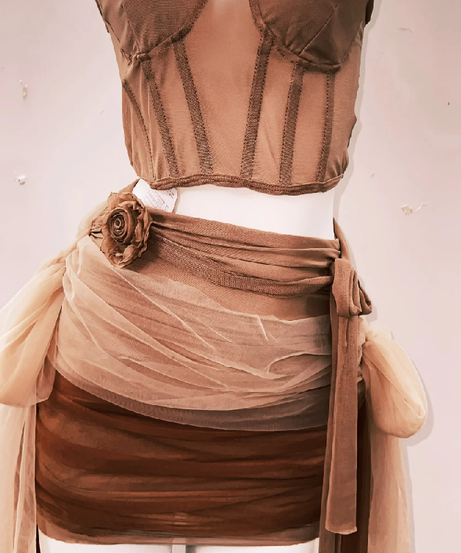 Autumn Bloom Mesh Bustier & Draped Mini Skirt Set - Earthy Chic Two-Piece