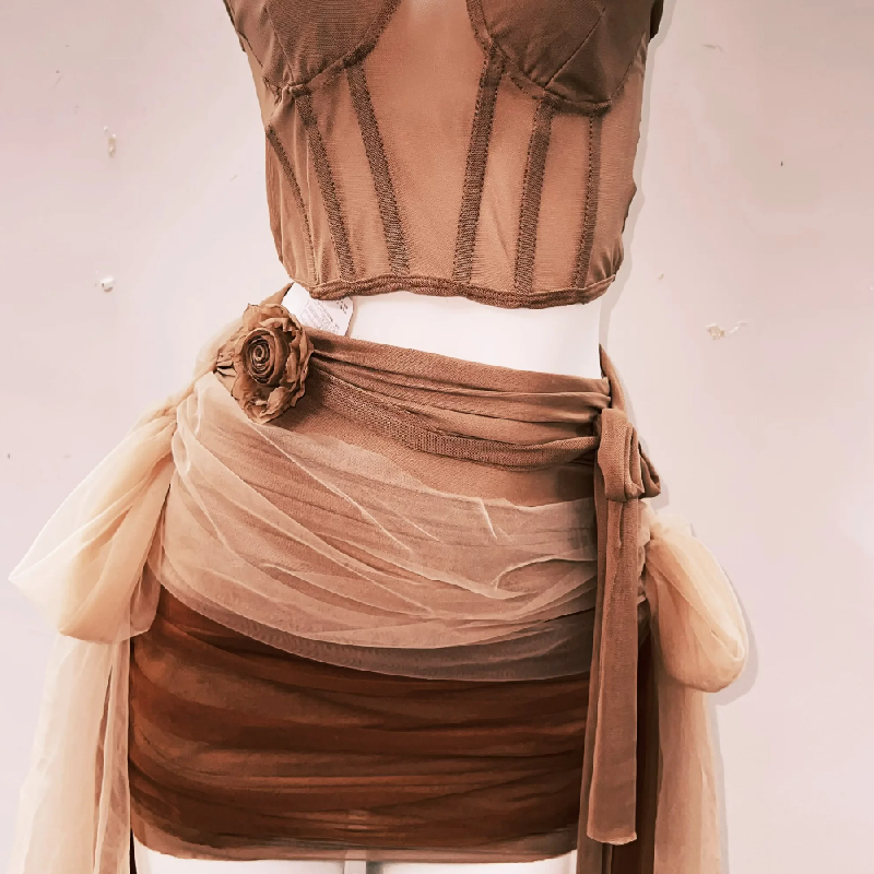 Autumn Bloom Mesh Bustier & Draped Mini Skirt Set - Earthy Chic Two-Piece