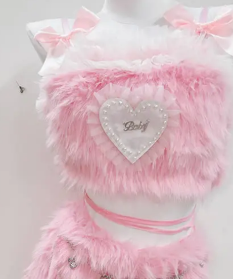 Plush Pink Coquette Crop Top & Charm Mini Skirt Set - Y2K Halloween & Rave Ready!