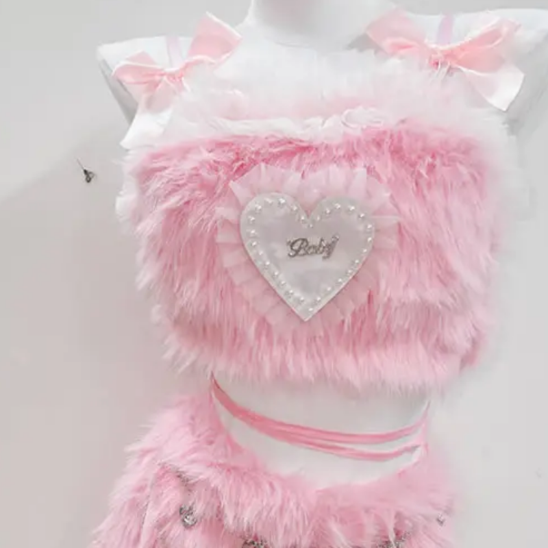 Plush Pink Coquette Crop Top & Charm Mini Skirt Set - Y2K Halloween & Rave Ready!