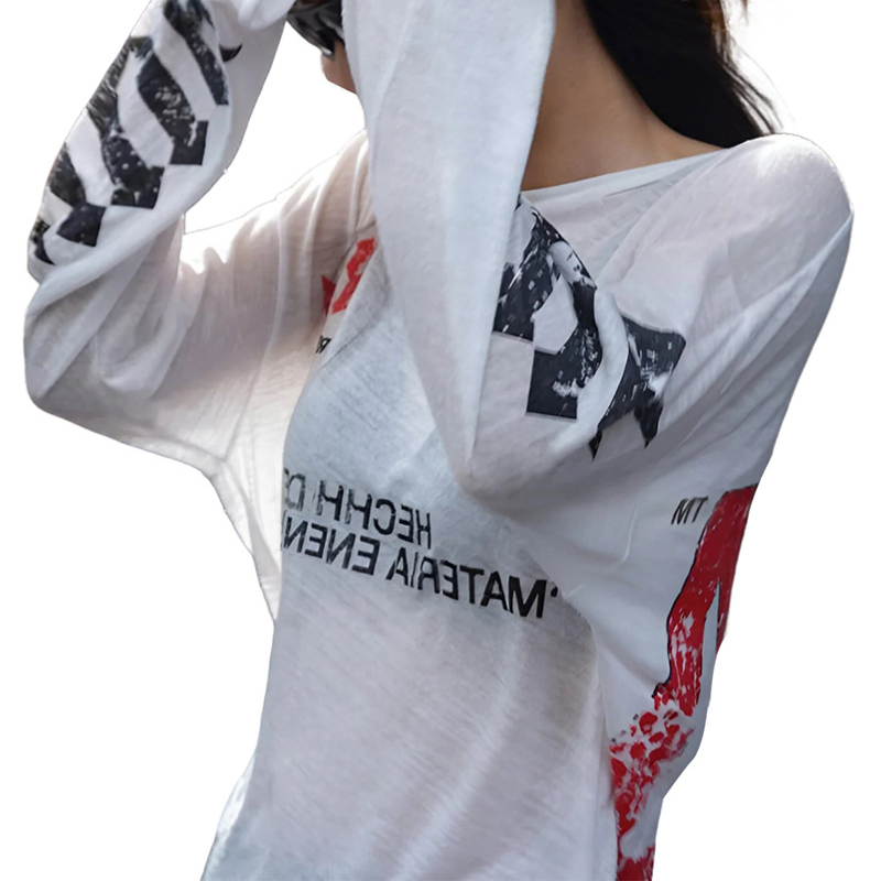 Edgy White Graphic Long Sleeve Tee for Women - Fall Street Style & Layering Top