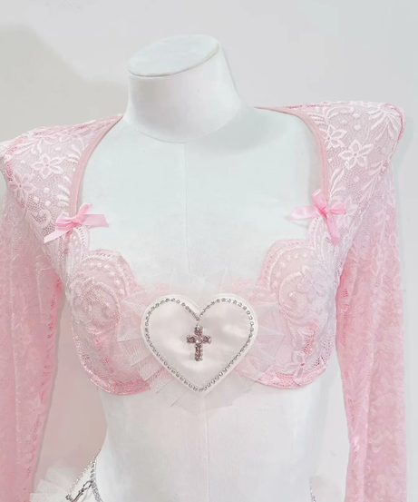 Coquette Angelcore Pink Lace Lingerie Set | Sweetheart Crop Top, Chain Belt & Thigh-High Stockings