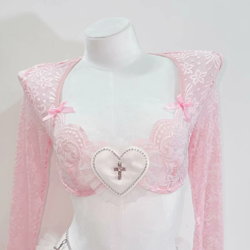 Coquette Angelcore Pink Lace Lingerie Set | Sweetheart Crop Top, Chain Belt & Thigh-High Stockings