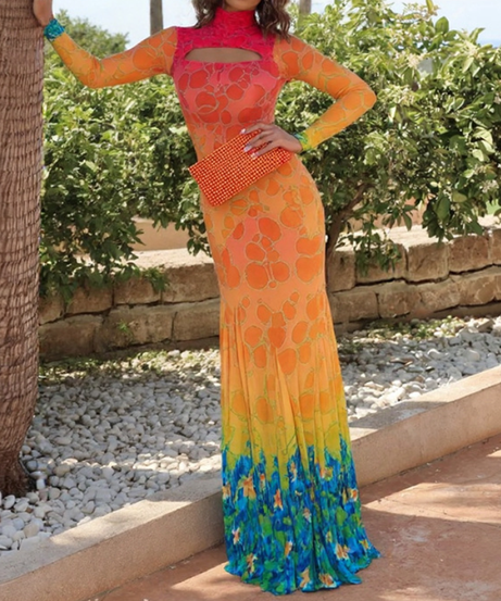 Aqua Dream High-Neck Maxi Dress - Daring Cutout & Ocean Bloom Print for Fall Events