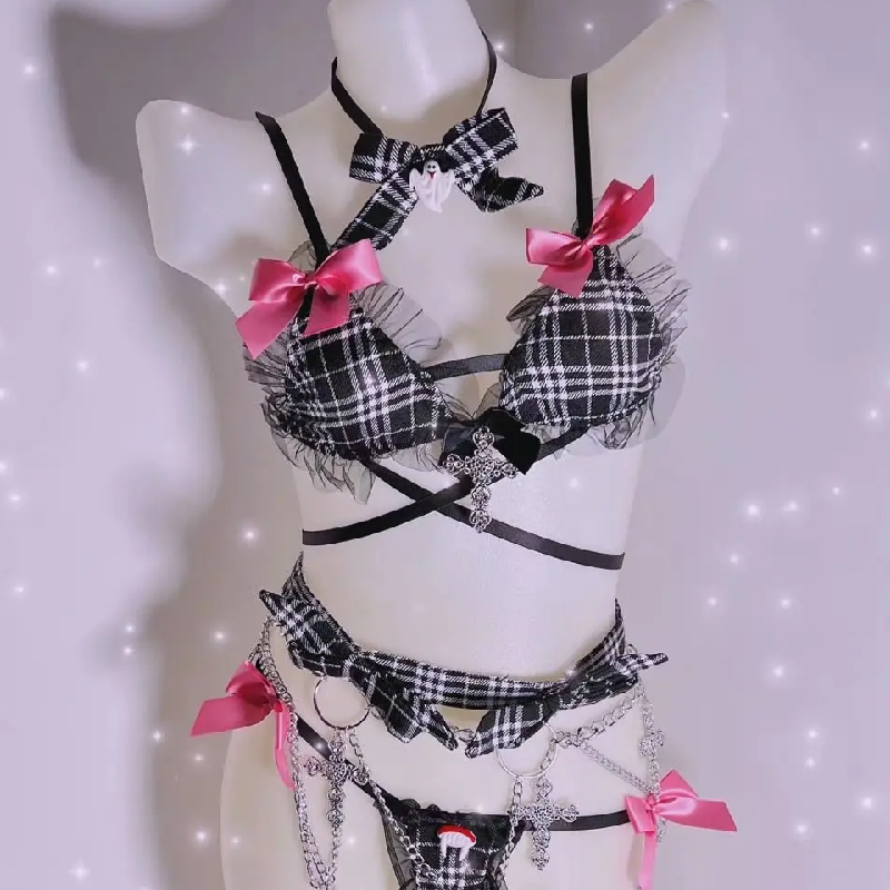 Plaid Punk Princess Lingerie Set: Edgy Chains & Pink Bows for Halloween & Fall