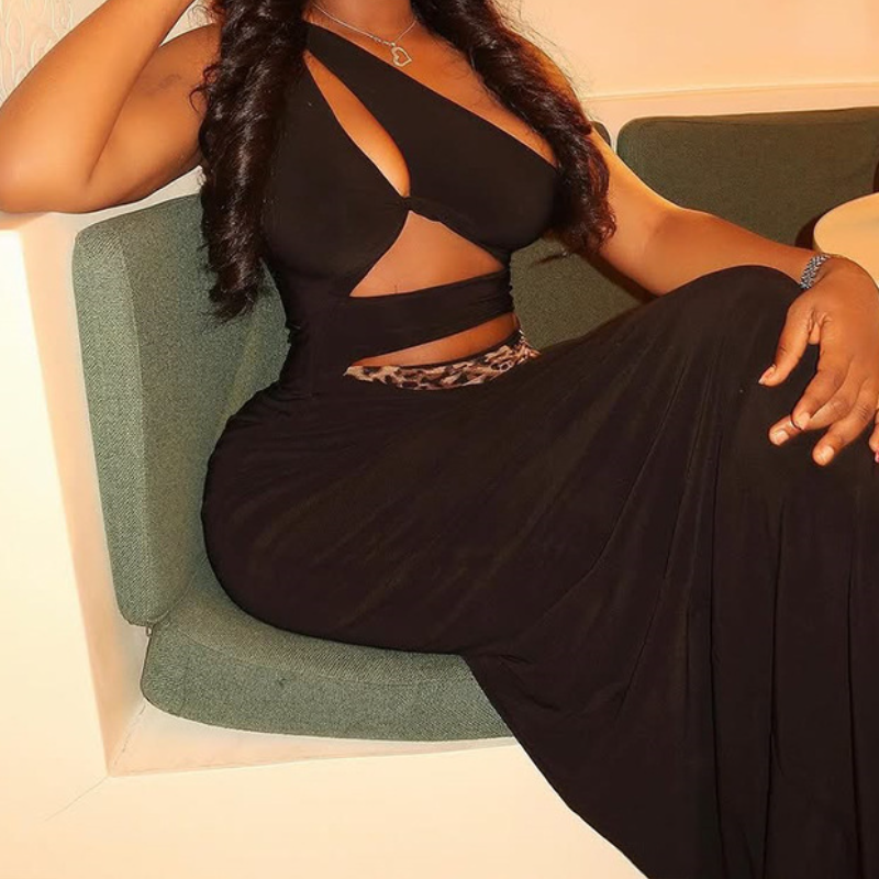 Sultry Leopard Accent One-Shoulder Cut-Out Maxi Dress - Your Go-To for Holiday Glam