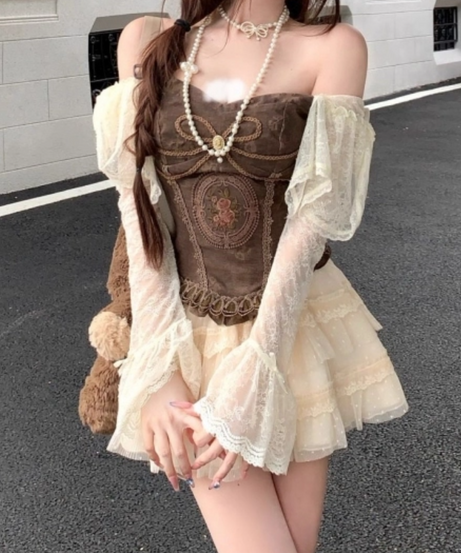 Whimsical Autumn Blossom: Off-Shoulder Corset & Tiered Lace Mini Skirt Set