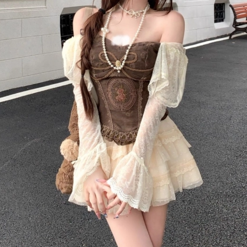Whimsical Autumn Blossom: Off-Shoulder Corset & Tiered Lace Mini Skirt Set