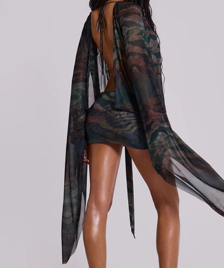 Autumn Allure Deep V Mesh Wrap Mini Dress - Flowy Sleeves & Abstract Print