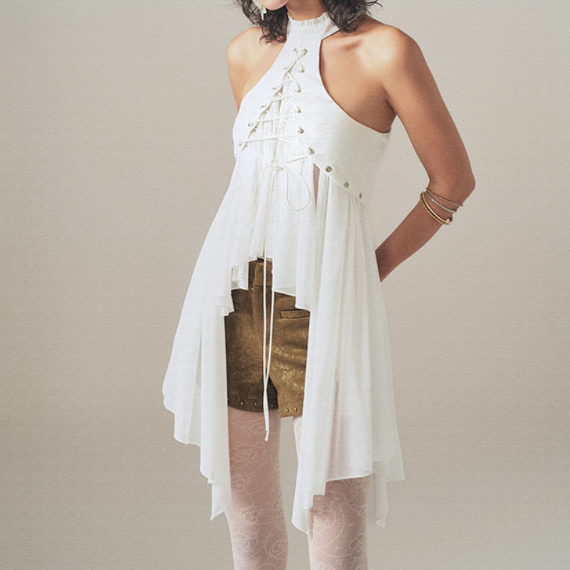 Boho Chic Halter Neck Lace-Up Peplum Top - Fall Ready Flowy Blouse for Effortless Style