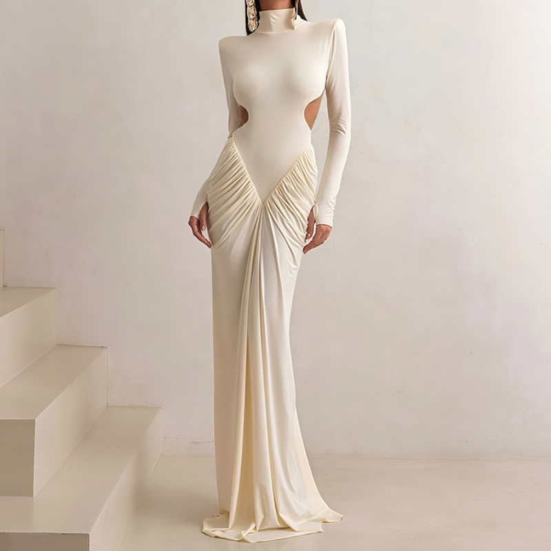 Autumn Glamour: Chocolate Brown Ruched Long Sleeve High-Neck Maxi Dress