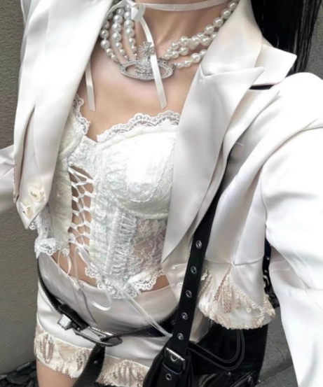 Chic Fall Nights: Luxe Satin Fringe 3-Piece Skirt Set | Cropped Blazer, Bustier & Mini Skirt