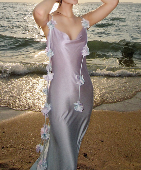 Dreamy Ombre Satin Slip Maxi Dress with Floral Appliques | Cowl Neck & High Slit for Elegant Evenings & Resort Escapes