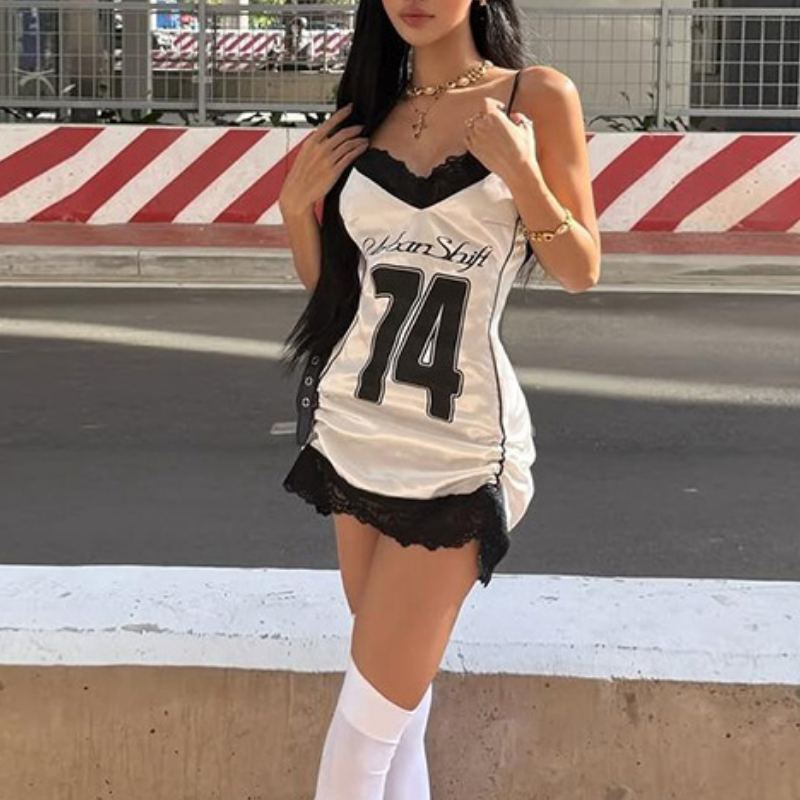 Effortless Edge: '74 Van Shift' Lace Trim Cami Mini Dress - Perfect for Fall Nights & Beyond