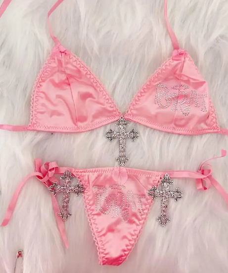 Y2K Bratz Pink Satin Rhinestone Cross Lingerie Set - Halloween Ready!