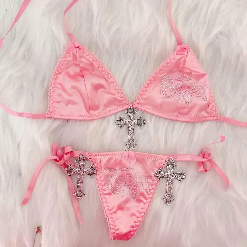 Y2K Bratz Pink Satin Rhinestone Cross Lingerie Set - Halloween Ready!