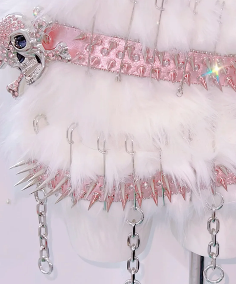 Pink Spiked Skull Fluffy Rave Set - Halloween & Y2K Party Queen Two-Piece