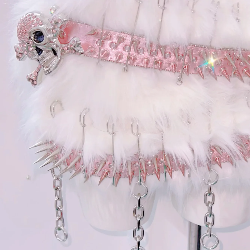 Pink Spiked Skull Fluffy Rave Set - Halloween & Y2K Party Queen Two-Piece