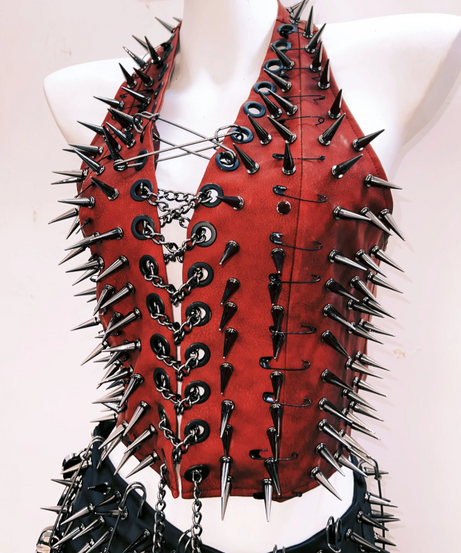 Fierce Red Spiked & Chained Halter Top | Halloween & Gothcore Statement Piece