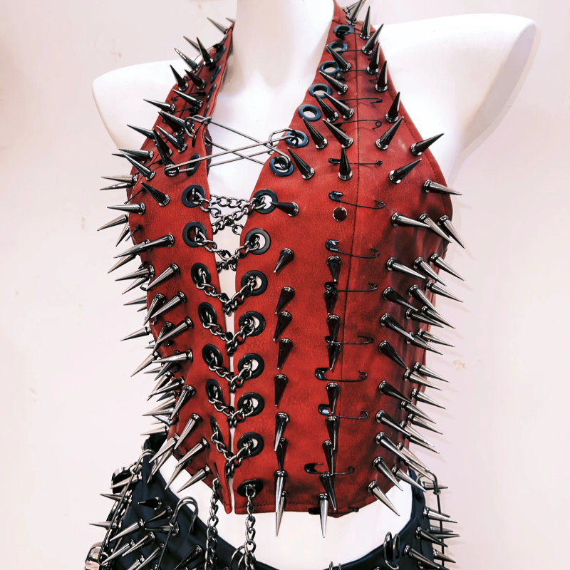 Fierce Red Spiked & Chained Halter Top | Halloween & Gothcore Statement Piece