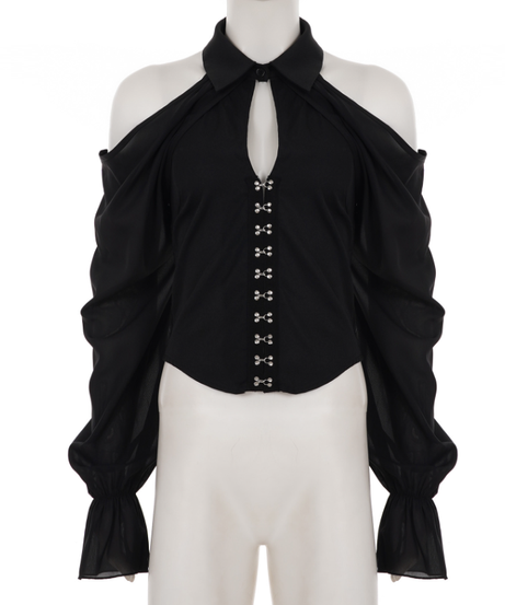 Enchanting Black Cold Shoulder Top | Gothic Keyhole Blouse with Statement Sleeves & Hook Closures - Perfect for Fall & Halloween