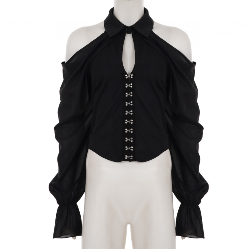 Enchanting Black Cold Shoulder Top | Gothic Keyhole Blouse with Statement Sleeves & Hook Closures - Perfect for Fall & Halloween