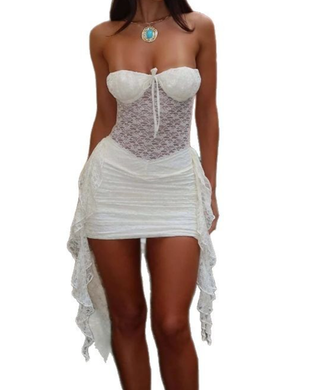 Angelic Lace Strapless Ruched Mini Dress with Ruffle Train - Perfect for Halloween, Parties & Tropical Getaways!