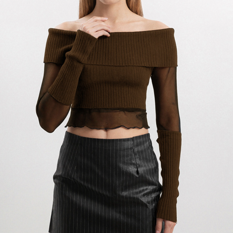 Chic Off-Shoulder Ribbed Knit & Sheer Mesh Top - Your Go-To for Fall/Winter Nights & Holiday Glam