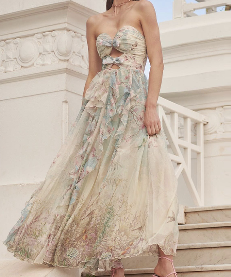 Ethereal Botanical Sweetheart Maxi Dress - Romantic Ruffles & Bow Accents for Fall Getaways & Destination Events