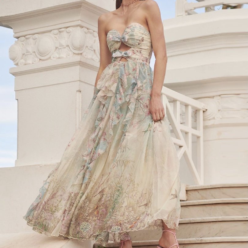 Ethereal Botanical Sweetheart Maxi Dress - Romantic Ruffles & Bow Accents for Fall Getaways & Destination Events