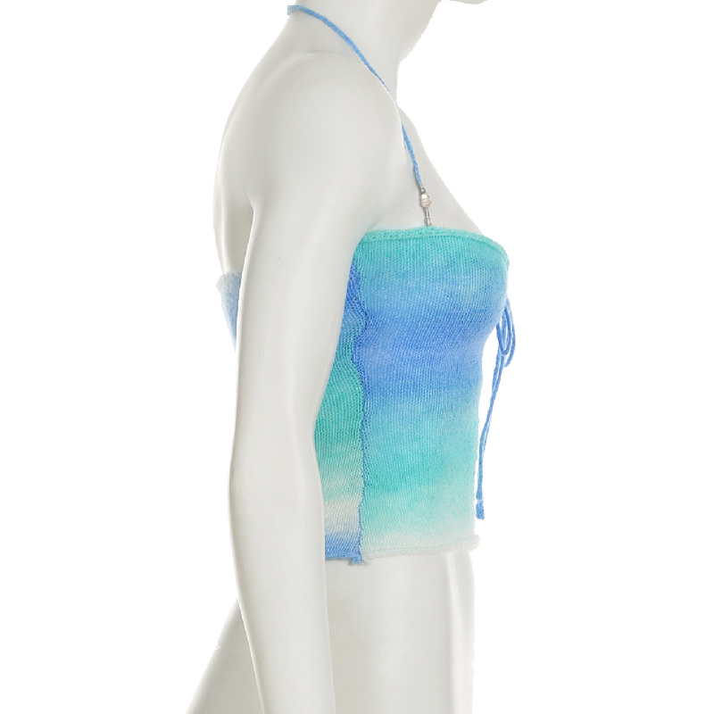 Coastal Ombre Knit Halter Top | Sweetheart Tie-Front & Pearl Details