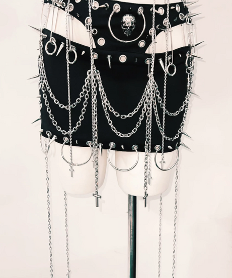 Spiked & Chained Faux Leather Halter Top & Mini Skirt Set - Ultimate Goth Rave Halloween Outfit