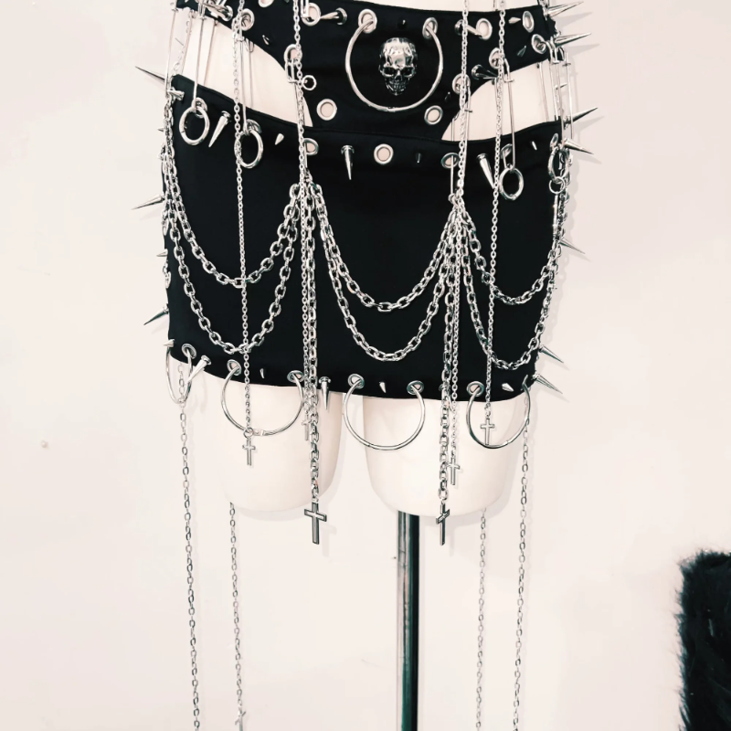 Spiked & Chained Faux Leather Halter Top & Mini Skirt Set - Ultimate Goth Rave Halloween Outfit