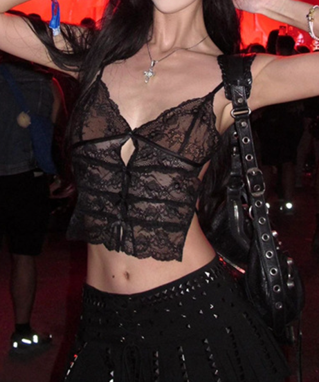 Midnight Allure Black Lace Cut-Out Cami Top – Edgy Fall Nights & Halloween Ready