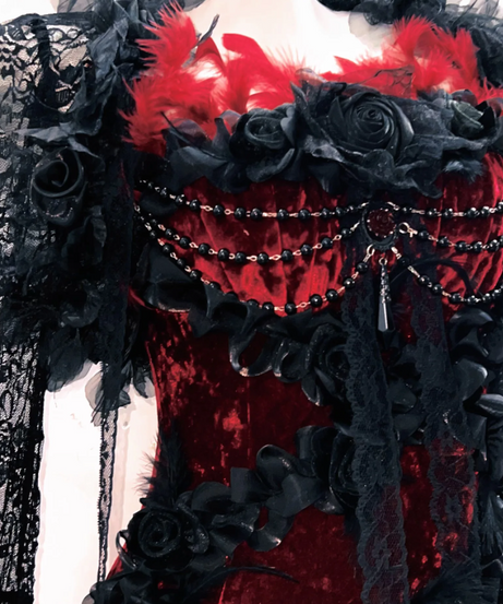 Vampire Queen Velvet Lace Feather Gown - Deluxe Halloween & Masquerade Ball Dress