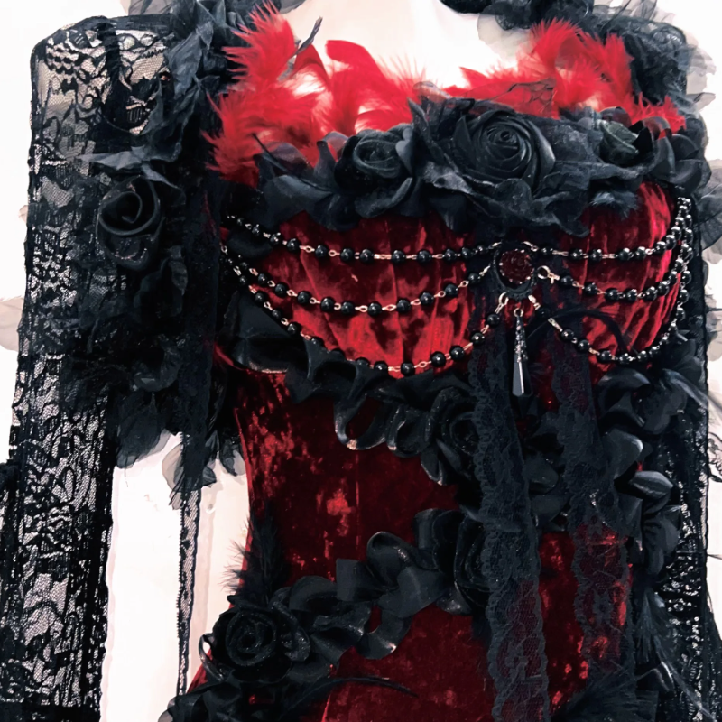 Vampire Queen Velvet Lace Feather Gown - Deluxe Halloween & Masquerade Ball Dress