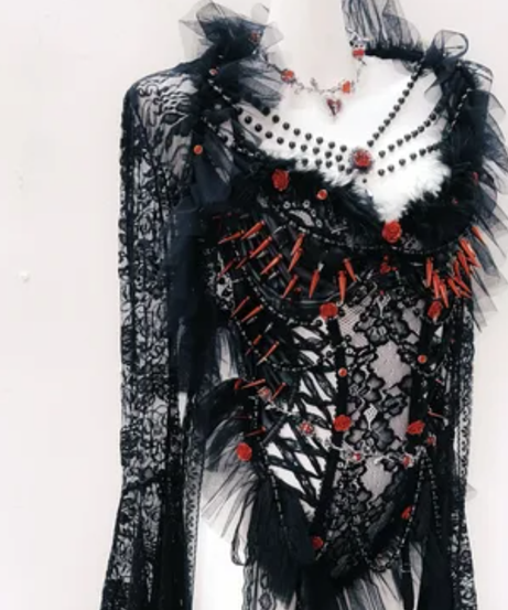 Gothic Vamp Siren Spiked Lace Bodysuit & Dramatic Sleeves - Halloween & Beyond