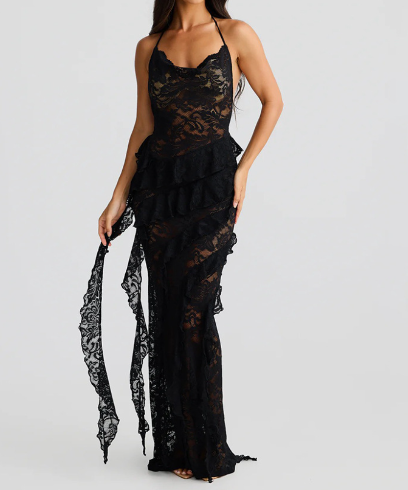 Enchanting Fall: Burgundy Lace Ruffle Halter Maxi Dress - Perfect for Halloween & Holiday Soirees