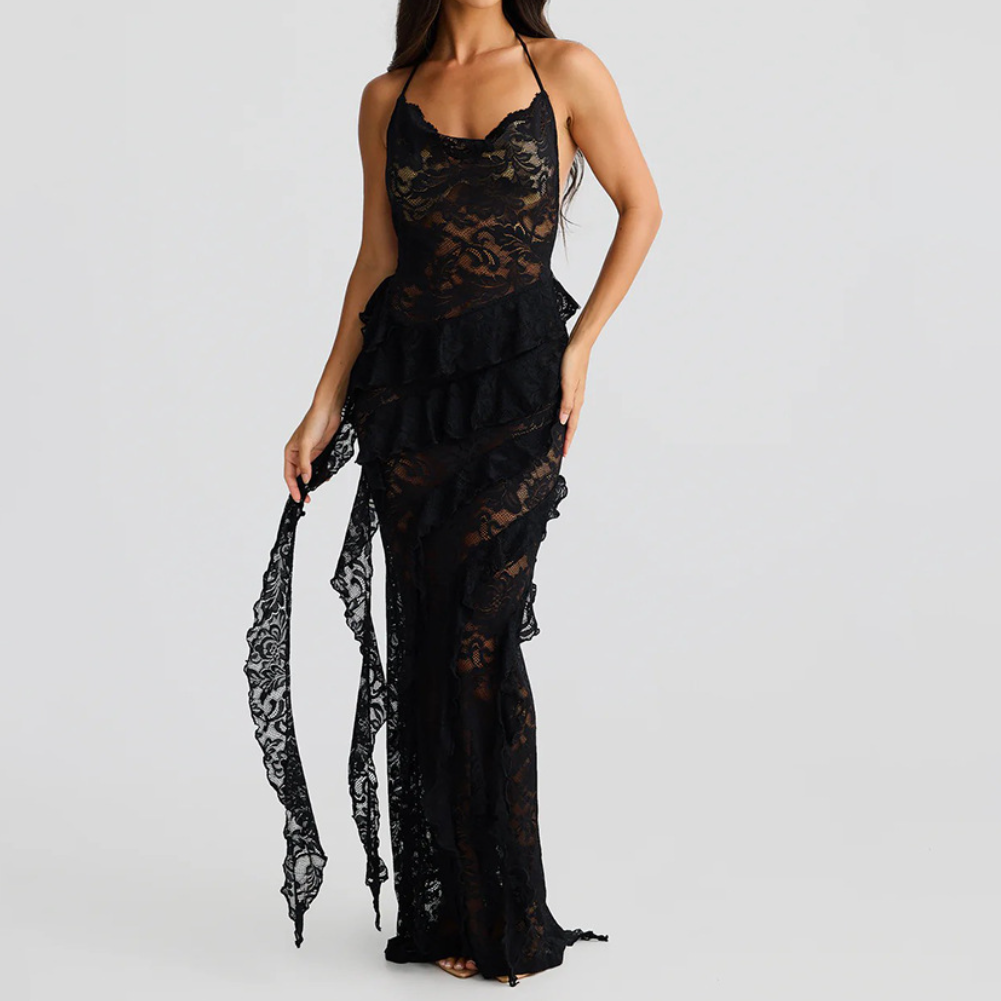 Enchanting Fall: Burgundy Lace Ruffle Halter Maxi Dress - Perfect for Halloween & Holiday Soirees