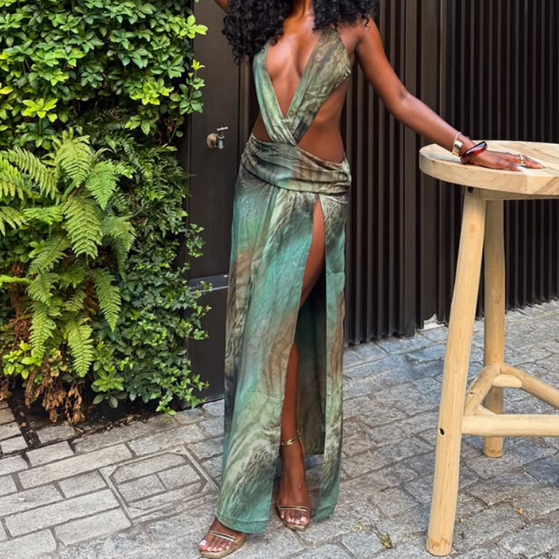 Tropical Oasis Cutout Maxi Dress - Deep V & High Slits for Your Fall Getaway